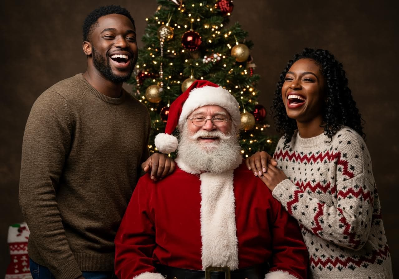 Couple with Santa - AI-generated Christmas photo example