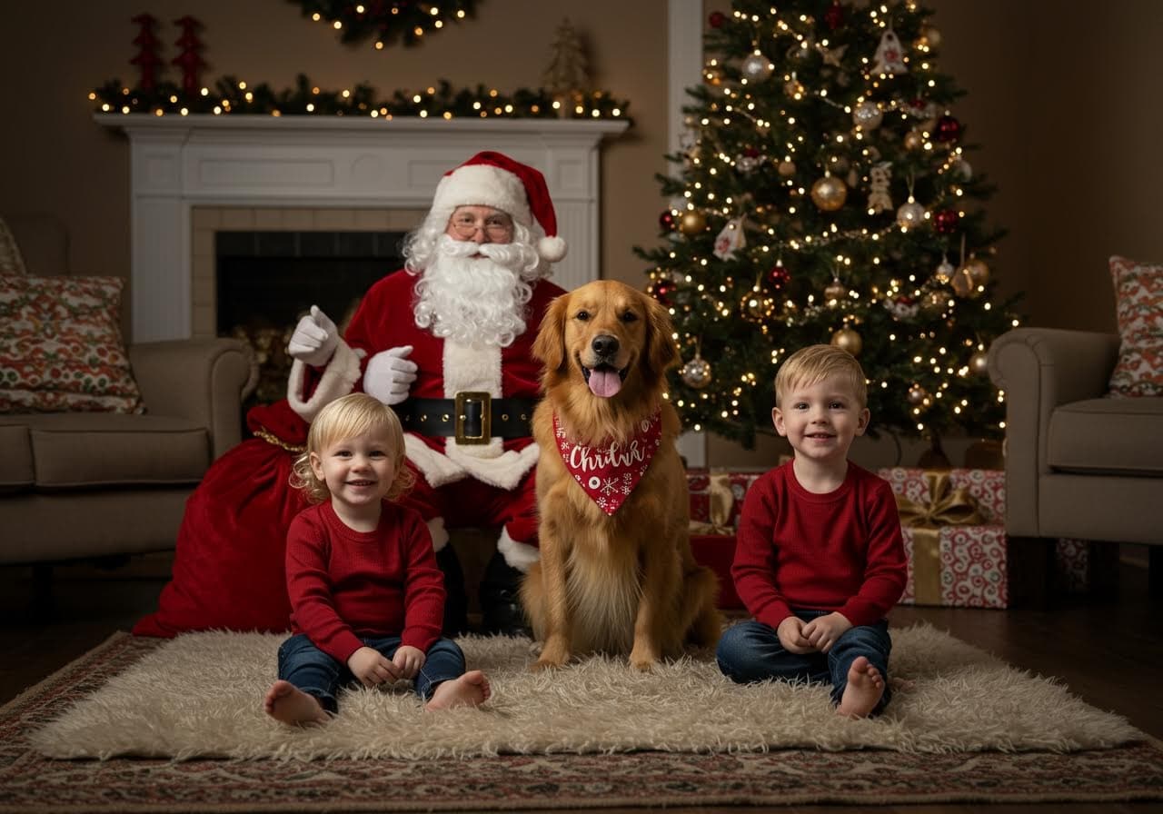 Kids & Pets - AI-generated Christmas photo example